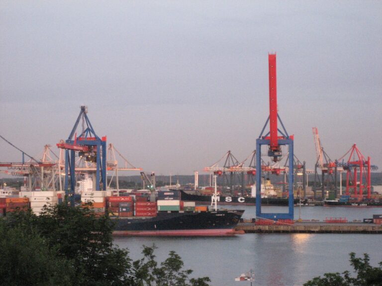 Hamburger Hafen bei Sonnenuntergang, Blick auf Containerbrücken und Containerschiff